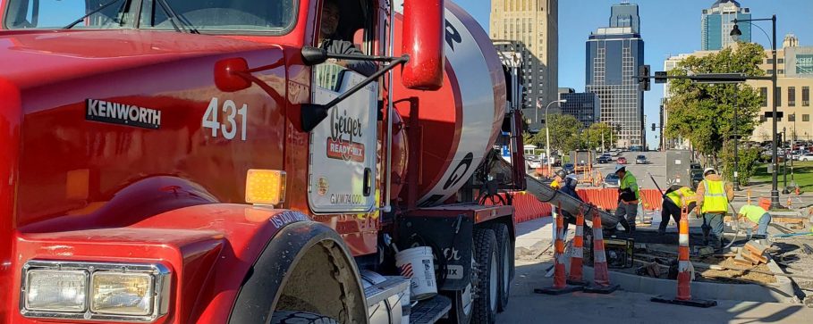 A photograph of Geiger's truck pour some road in downtown Kansas City